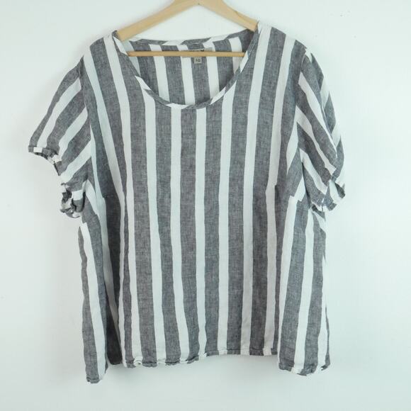 FLAX 1G Top 100% Linen Striped Popover Short Sleeve Boho Artsy Lagenlook Relaxed - Picture 1 of 6